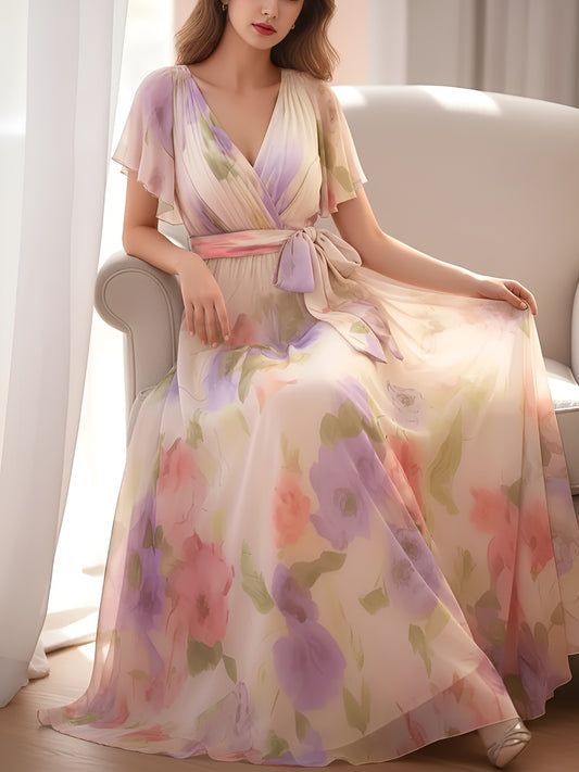 Elegant Floral Chiffon Dress | V-neck, Short Sleeve, Long Length, Perfect for Parties, Weddings, All-season Wear