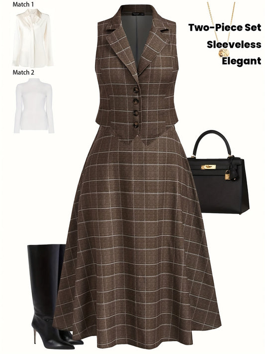 Ensemble à carreaux style britannique vintage . Top sans manches et jupe Ensemble deux pièces élégant avec gilet raffiné