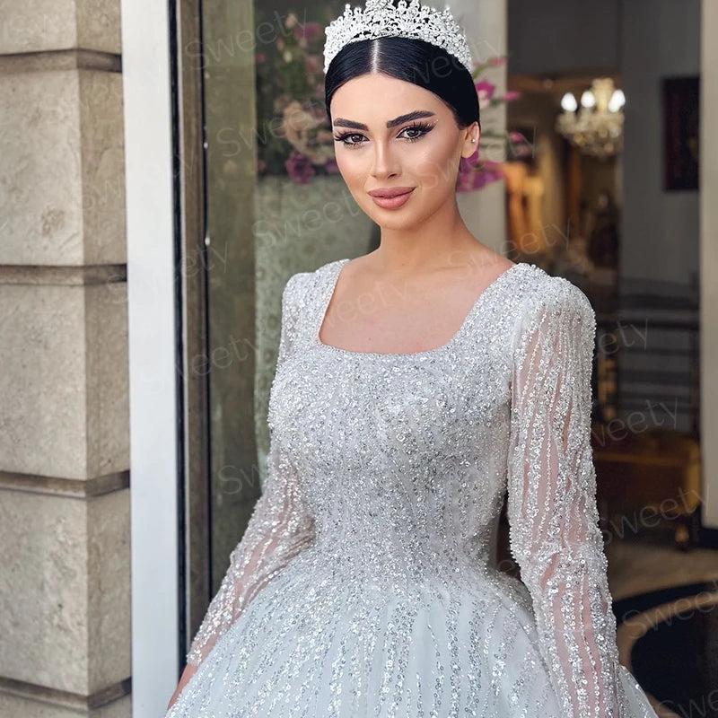 Robe De mariée exquise avec perles brodées, robe De bal De princesse, manches longues, col carré, à lacets, personnalisée