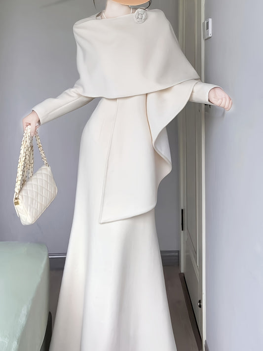 Ensemble deux pièces blanc Châle féminin design + jupe longue ajustée, ensemble élégant haut de gamme pour dîner taille cintrée