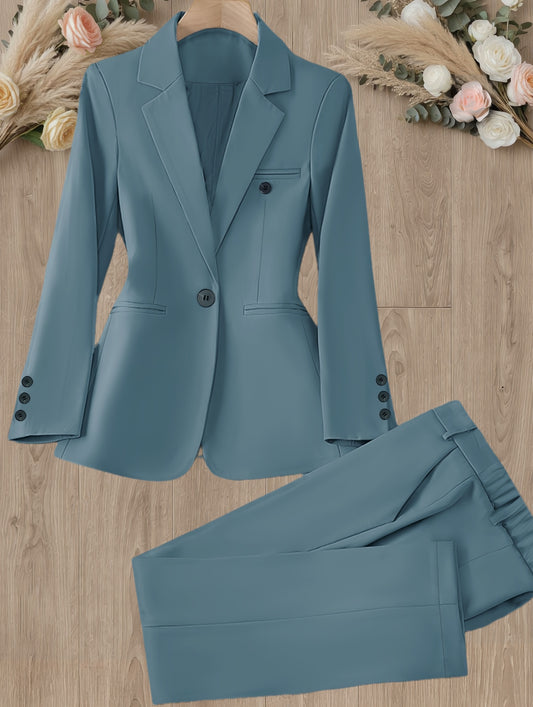 New Women'S Casual Two-Piece Set Featuring a Stylish Business Look with a Solid Color Long-Sleeve Blazer And Matching Trousers.
