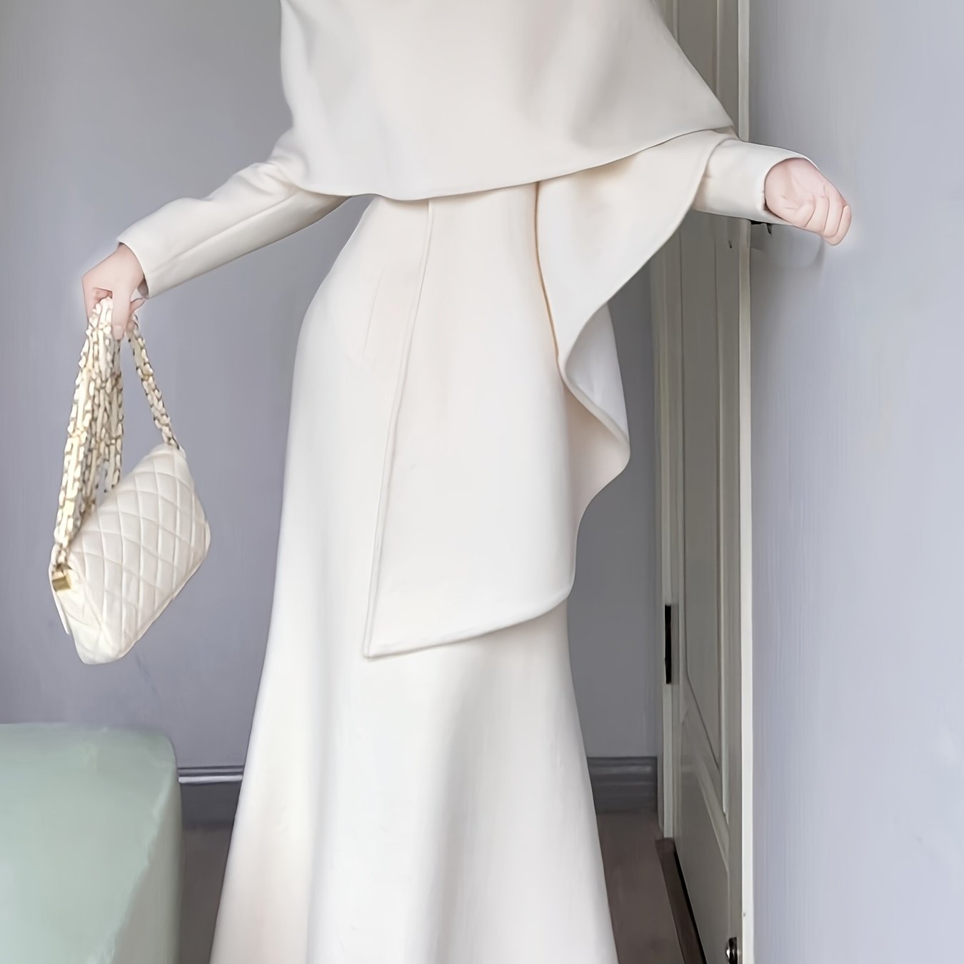 Ensemble deux pièces blanc Châle féminin design + jupe longue ajustée, ensemble élégant haut de gamme pour dîner taille cintrée