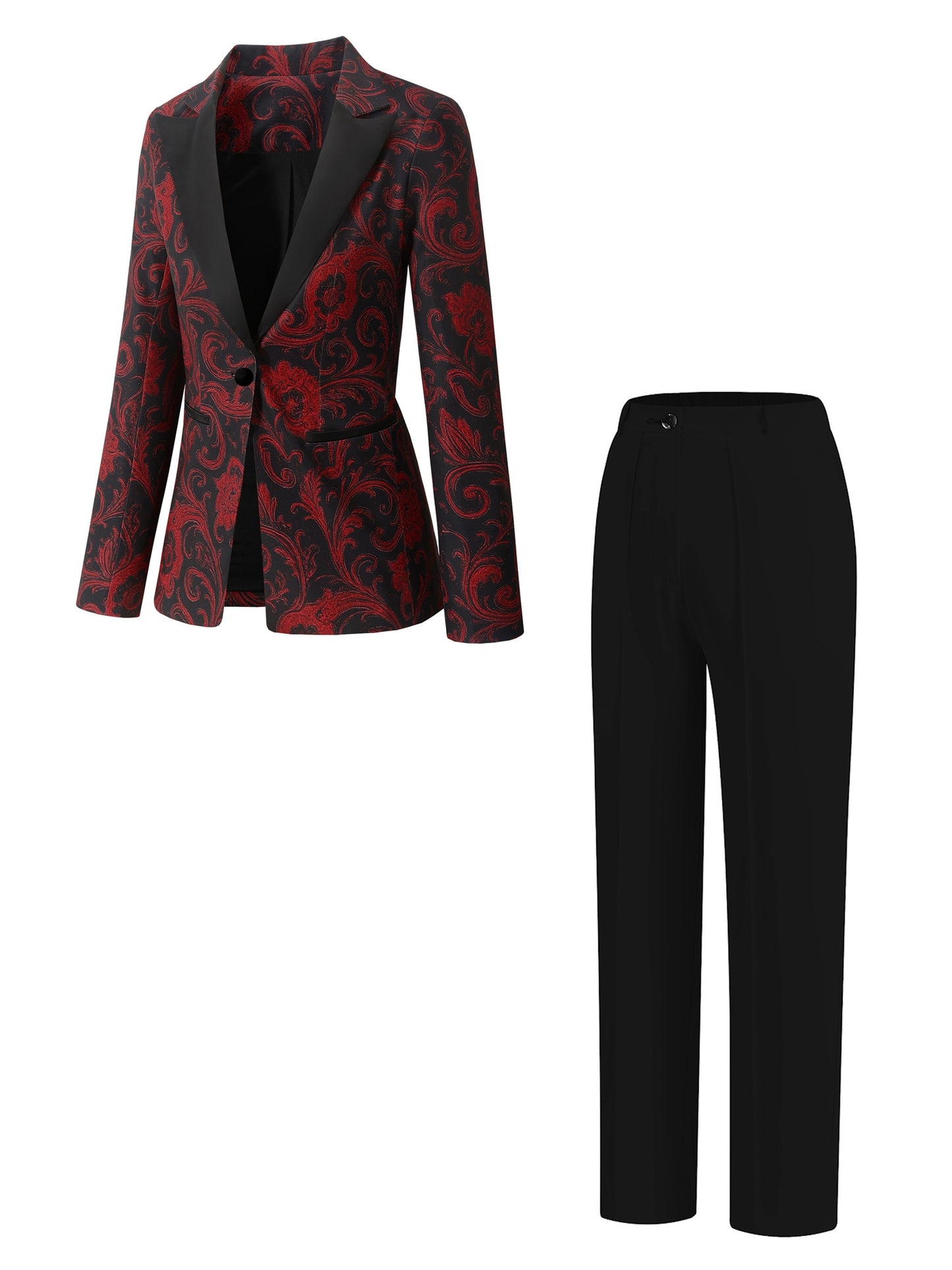 2pcs Casual Fashion Elegant Women's Suit Set, Paisley Print Satin Patchwork Blazer Top + Women's Elastic Waist Zipper Pocket Stretch Fit Trousers, Lined, with Real Pockets, All-Season Wear