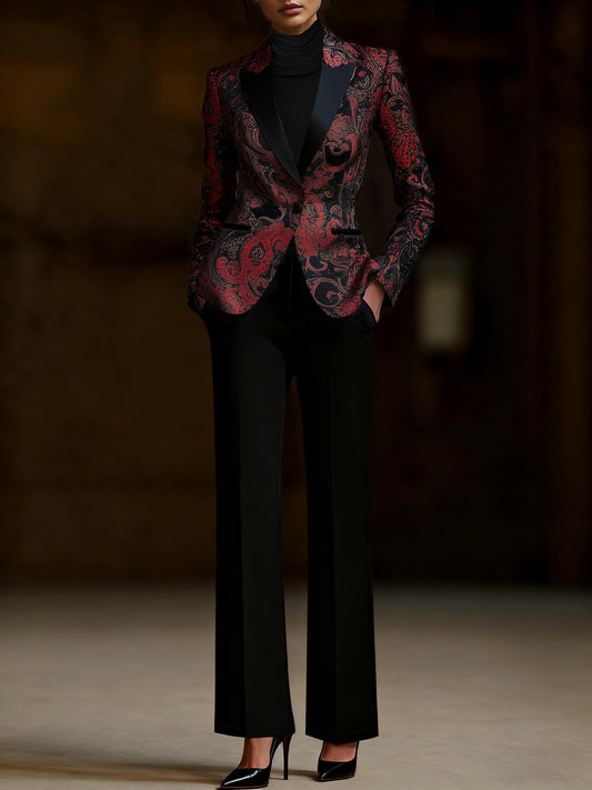 2pcs Casual Fashion Elegant Women's Suit Set, Paisley Print Satin Patchwork Blazer Top + Women's Elastic Waist Zipper Pocket Stretch Fit Trousers, Lined, with Real Pockets, All-Season Wear