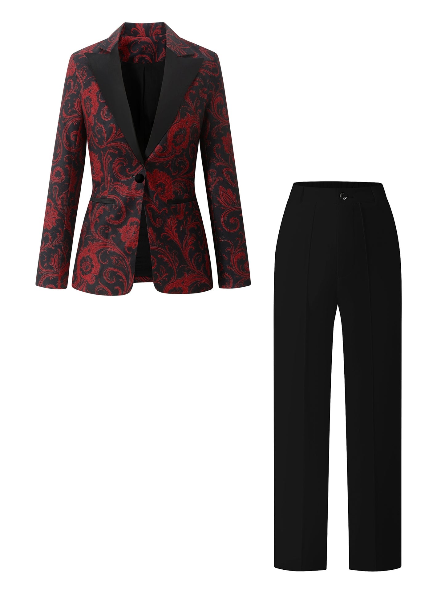 2pcs Casual Fashion Elegant Women's Suit Set, Paisley Print Satin Patchwork Blazer Top + Women's Elastic Waist Zipper Pocket Stretch Fit Trousers, Lined, with Real Pockets, All-Season Wear