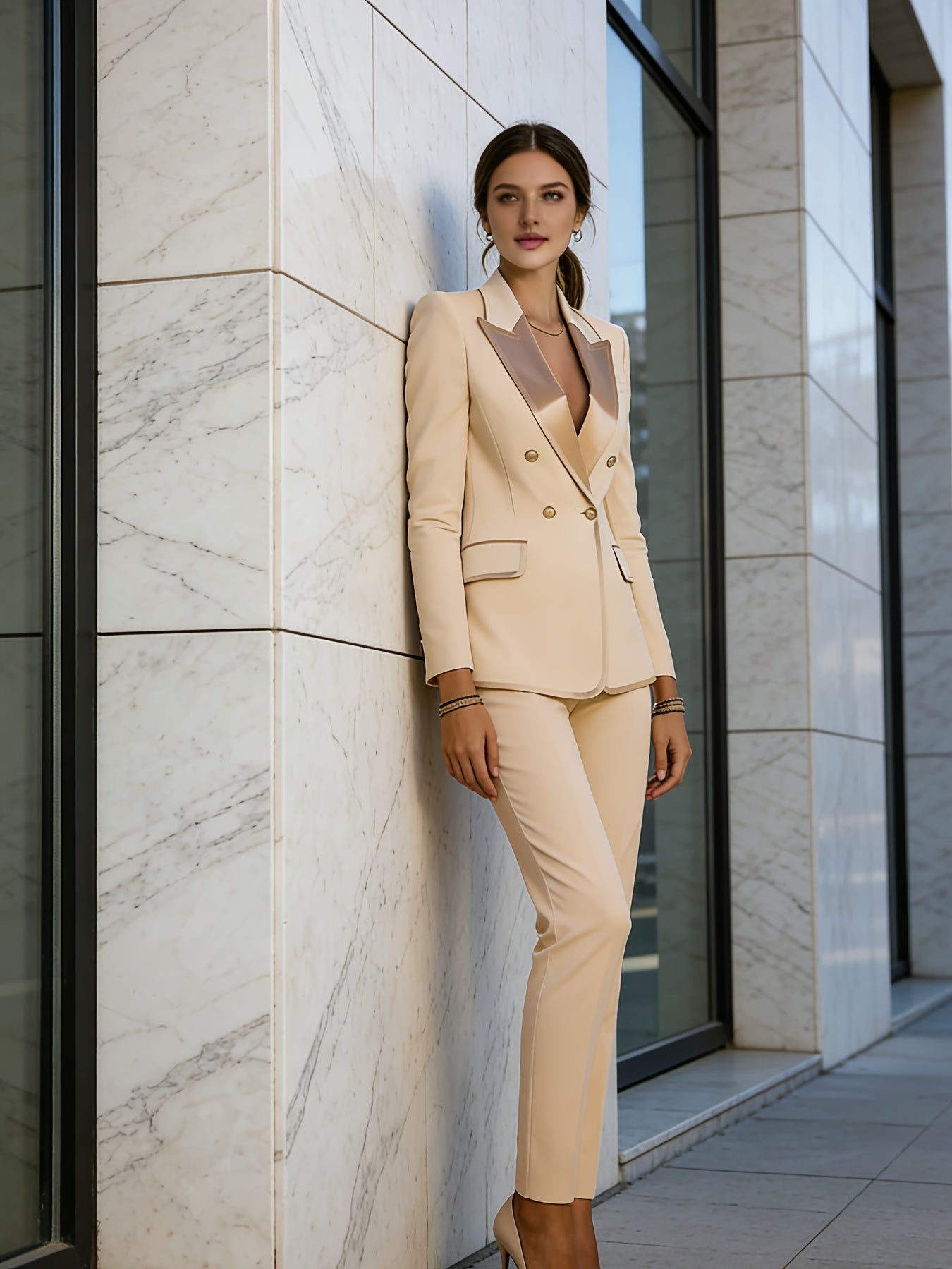 Women'S Spring/Autumn Elegant Slim-Fit Double-Breasted Long-Sleeved Commuter Coat + Trousers Two-Piece Set | Chic Style with Wide Collar, Solid Color, Button Details