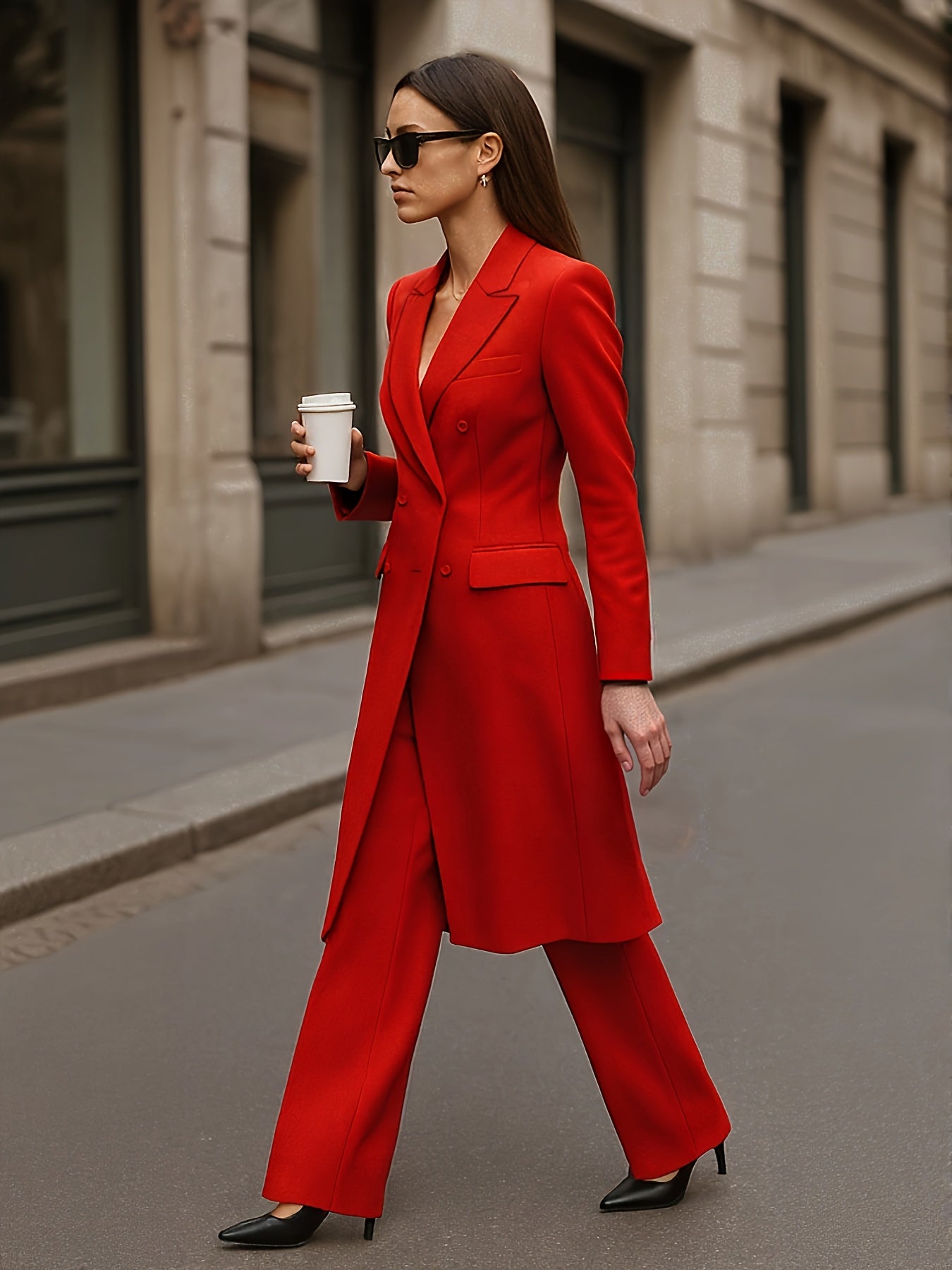 New Trendy Knight Double-Breasted Long Coat and Trousers Set with Pockets