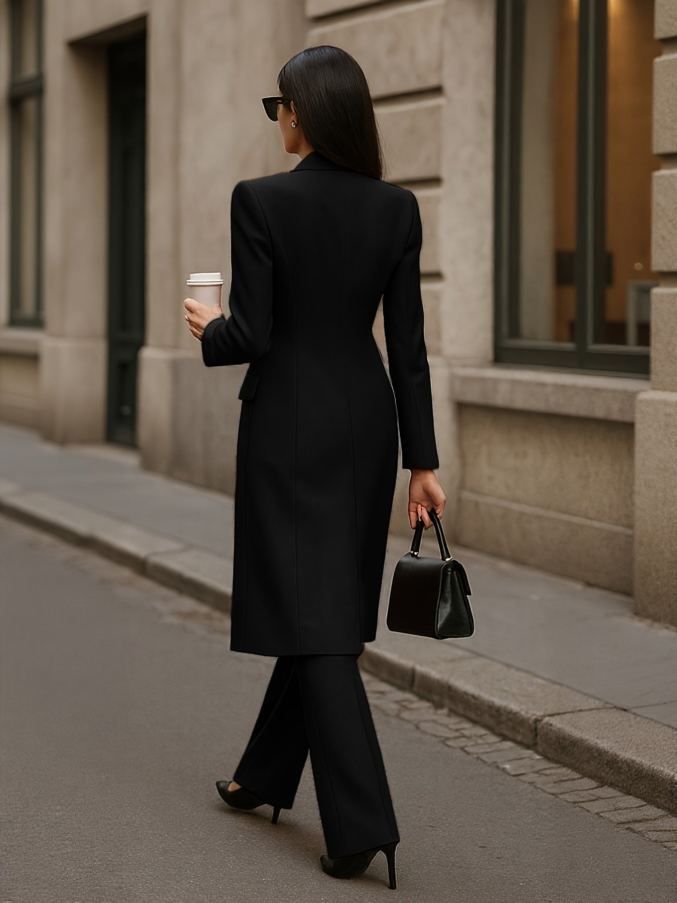 New Trendy Knight Double-Breasted Long Coat and Trousers Set with Pockets