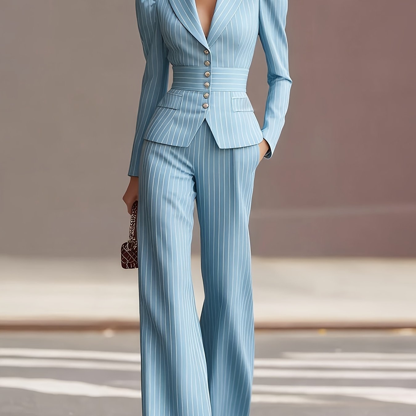 Elegant Light Blue Slim-Fit Striped Suit | Fashionable and Chic for Spring/Fall Season