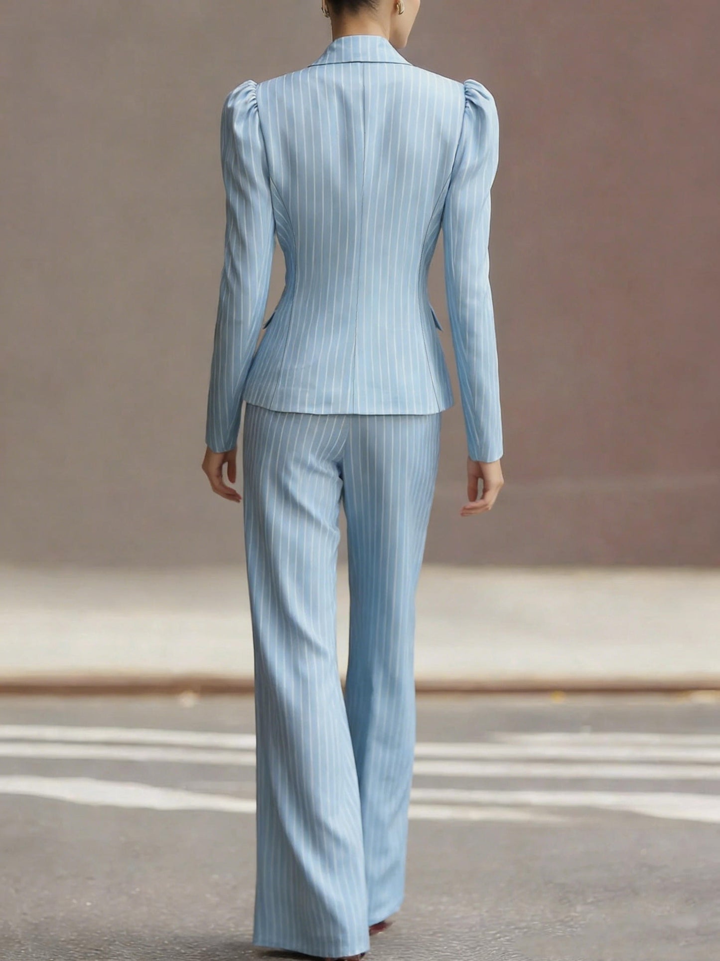 Elegant Light Blue Slim-Fit Striped Suit | Fashionable and Chic for Spring/Fall Season