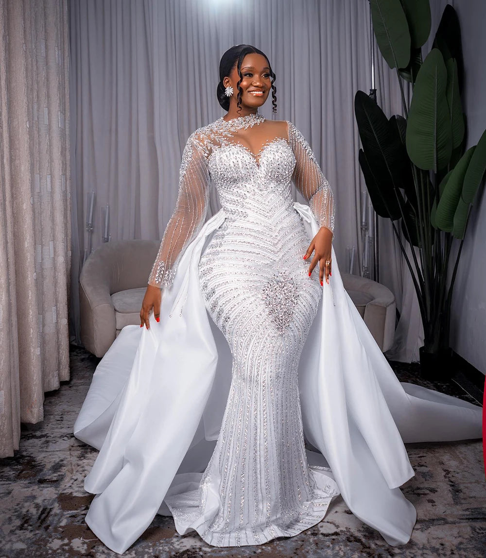 Robe De mariée De luxe personnalisée, col haut, perles De cristaux lourds, manches longues, traîne détachable