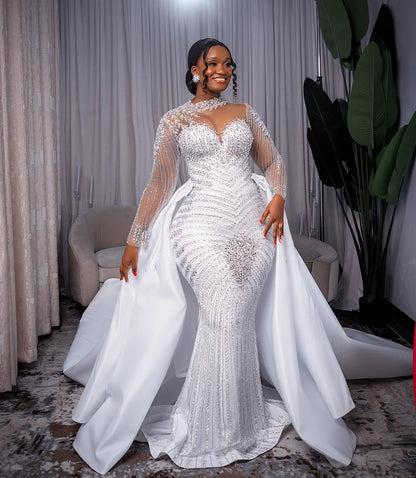 Robe De mariée De luxe personnalisée, col haut, perles De cristaux lourds, manches longues, traîne détachable