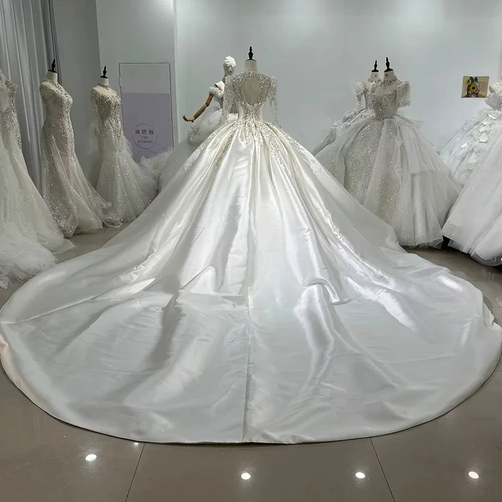Personnaliser robe de mariée en Satin à manches longues col en v paillettes perles robe de mariée de luxe robes de novia amanda novias officiel