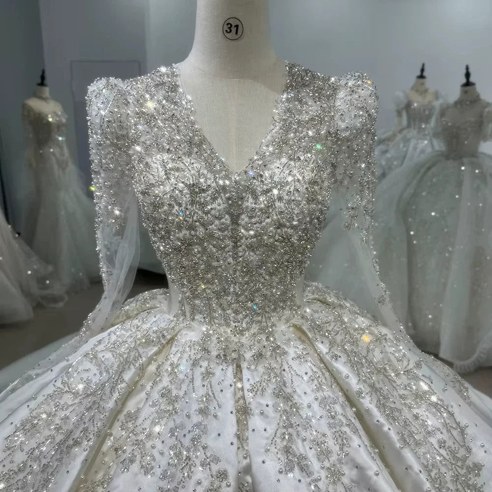 Personnaliser robe de mariée en Satin à manches longues col en v paillettes perles robe de mariée de luxe robes de novia amanda novias officiel