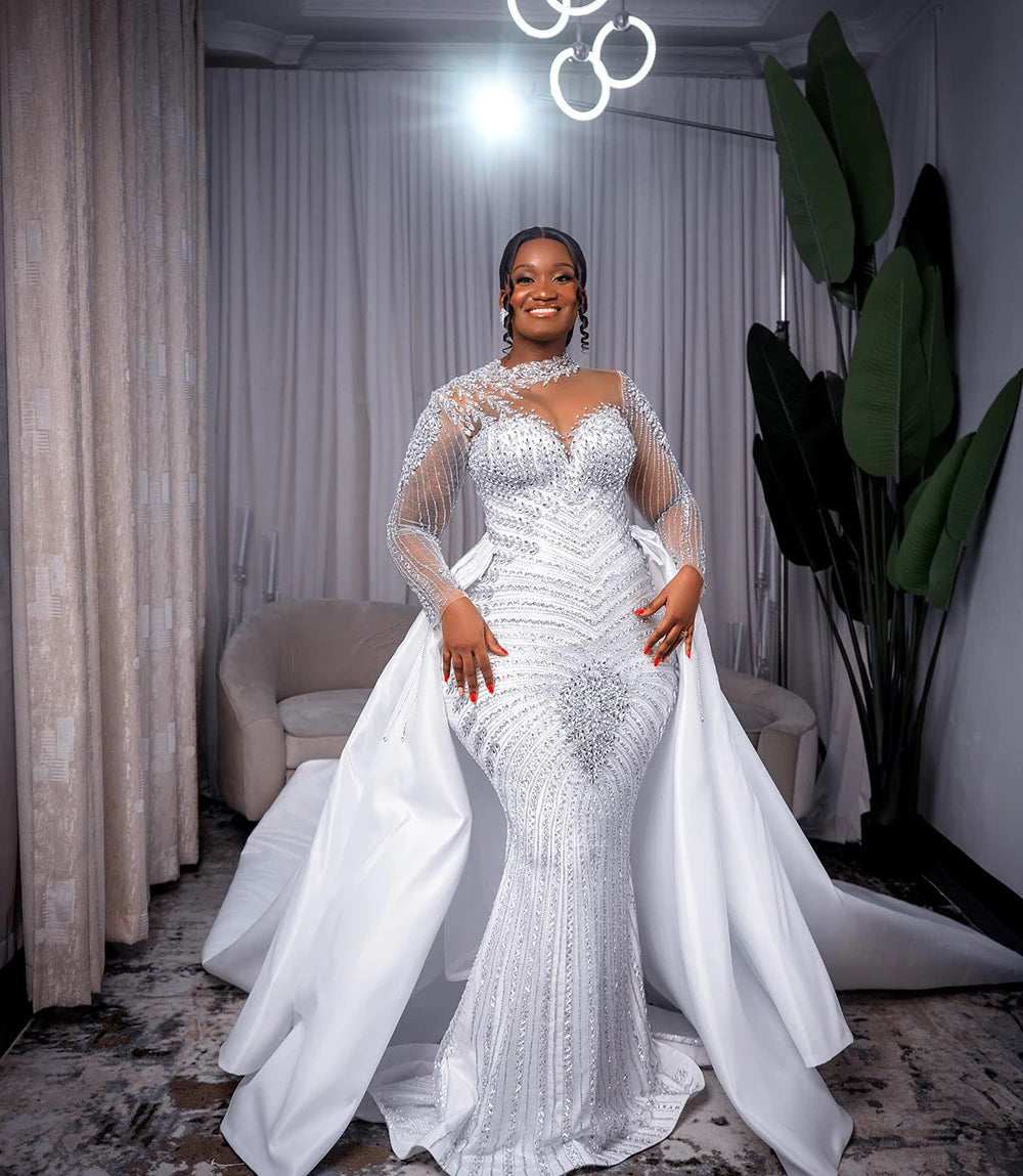 Robe De mariée De luxe personnalisée, col haut, perles De cristaux lourds, manches longues, traîne détachable