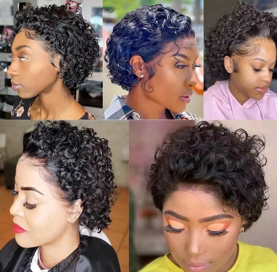 Perruque pixie bouclée avec lace transparente 13x1 de cheveux humains brésilien style water wave