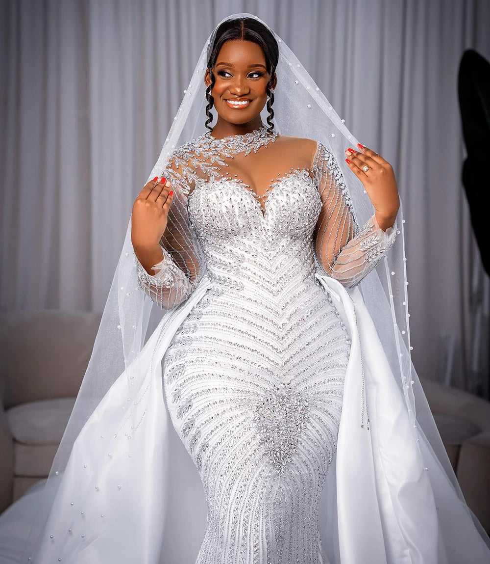 Robe De mariée De luxe personnalisée, col haut, perles De cristaux lourds, manches longues, traîne détachable