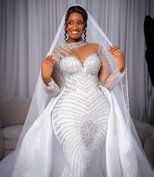 Robe De mariée De luxe personnalisée, col haut, perles De cristaux lourds, manches longues, traîne détachable