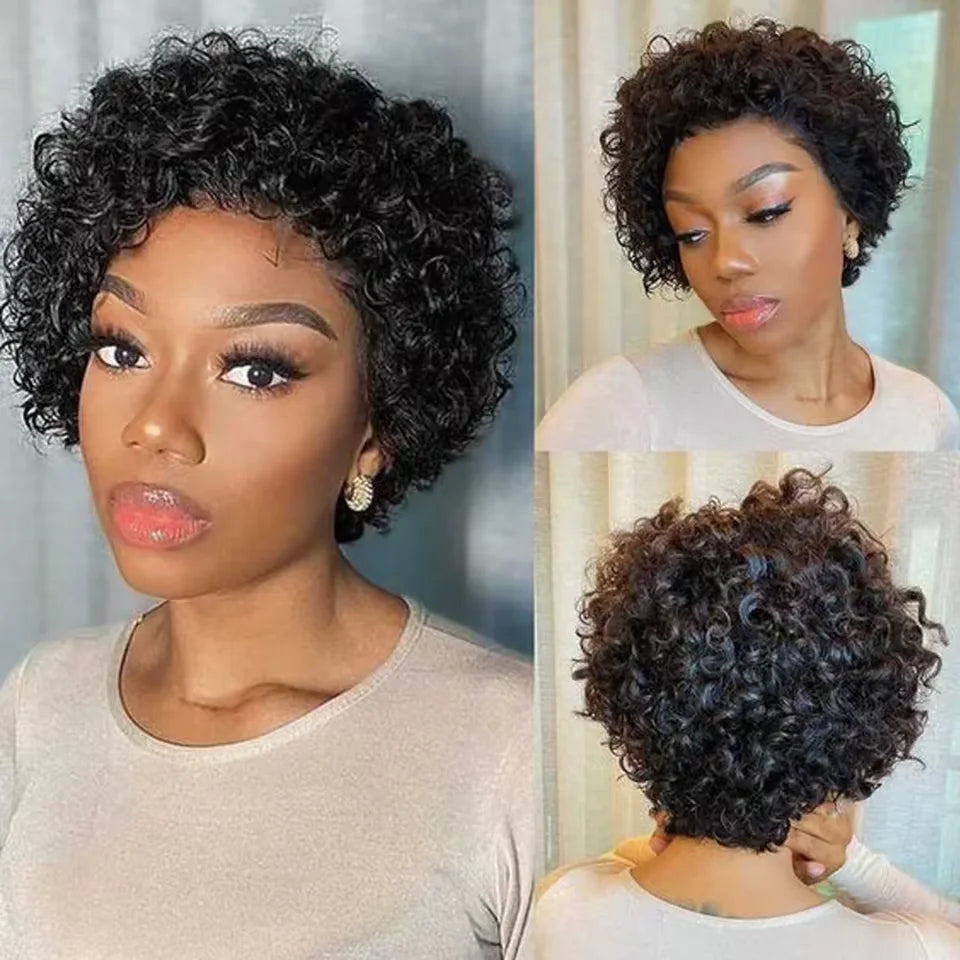 Perruque pixie bouclée avec lace transparente 13x1 de cheveux humains brésilien style water wave