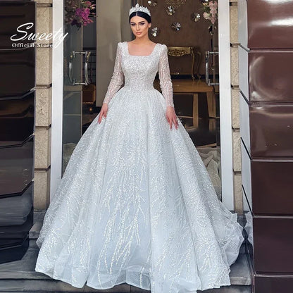 Robe De mariée exquise avec perles brodées, robe De bal De princesse, manches longues, col carré, à lacets, personnalisée