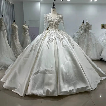 Personnaliser robe de mariée en Satin à manches longues col en v paillettes perles robe de mariée de luxe robes de novia amanda novias officiel