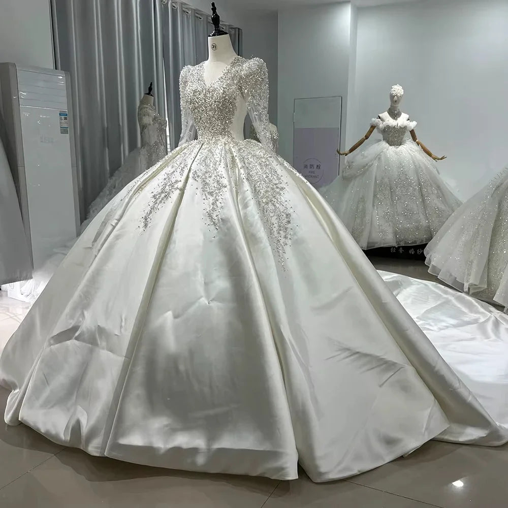 Personnaliser robe de mariée en Satin à manches longues col en v paillettes perles robe de mariée de luxe robes de novia amanda novias officiel