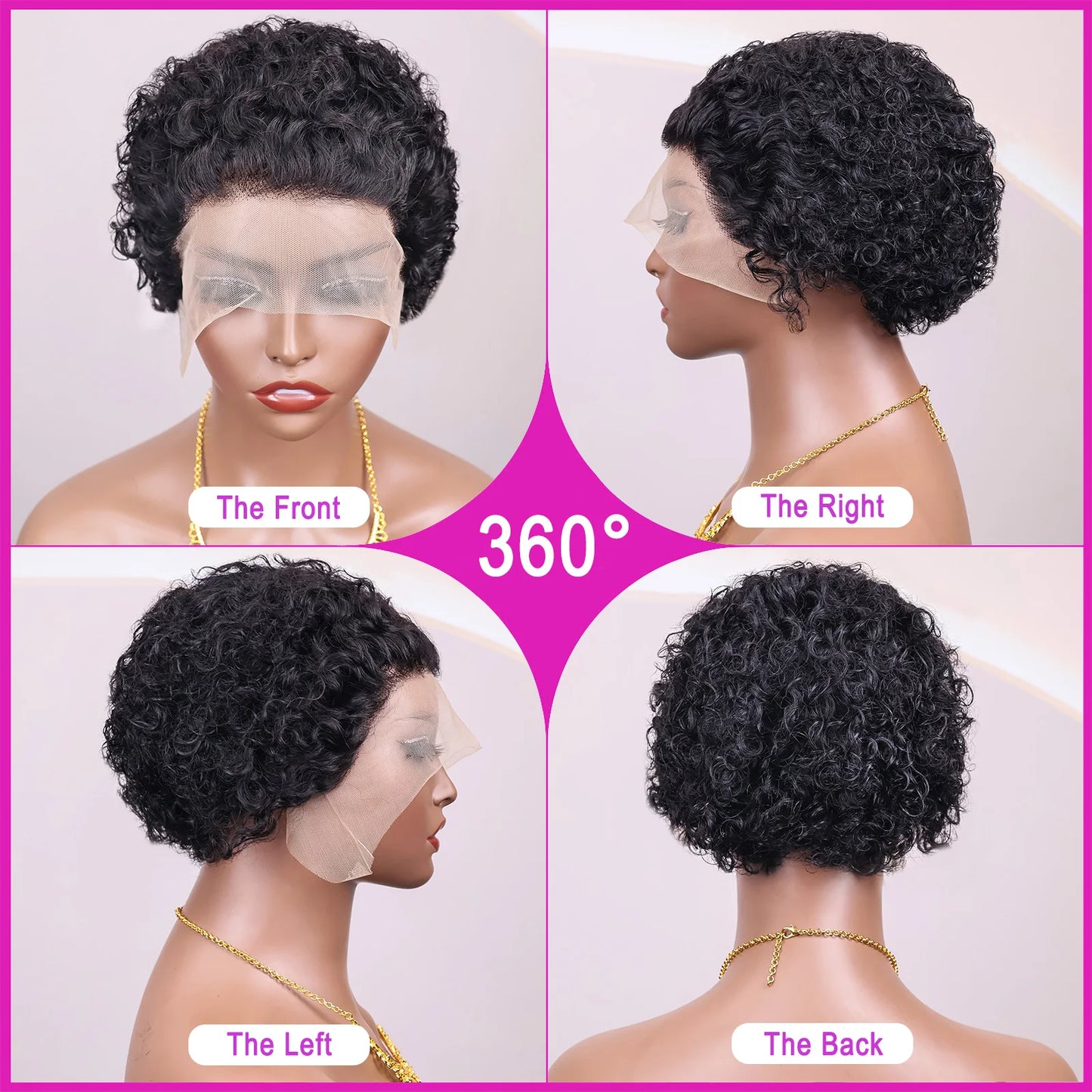 Perruque pixie bouclée avec lace transparente 13x1 de cheveux humains brésilien style water wave