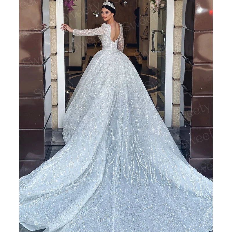 Robe De mariée exquise avec perles brodées, robe De bal De princesse, manches longues, col carré, à lacets, personnalisée