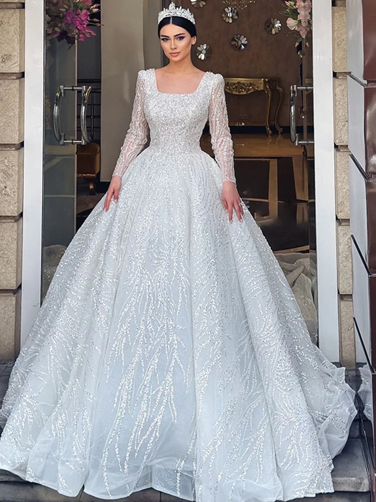 Robe De mariée exquise avec perles brodées, robe De bal De princesse, manches longues, col carré, à lacets, personnalisée
