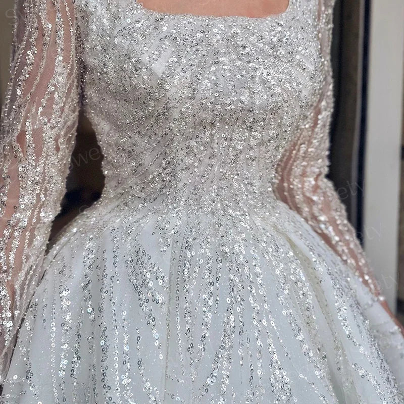 Robe De mariée exquise avec perles brodées, robe De bal De princesse, manches longues, col carré, à lacets, personnalisée