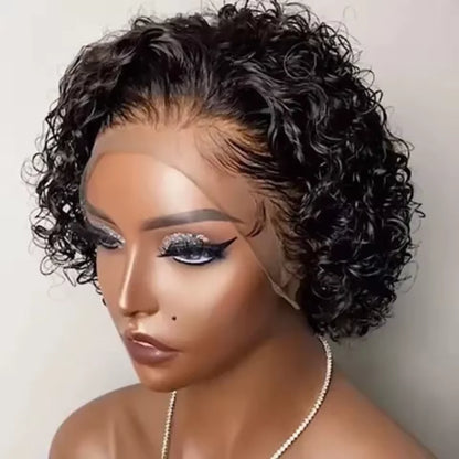 Perruque pixie bouclée avec lace transparente 13x1 de cheveux humains brésilien style water wave