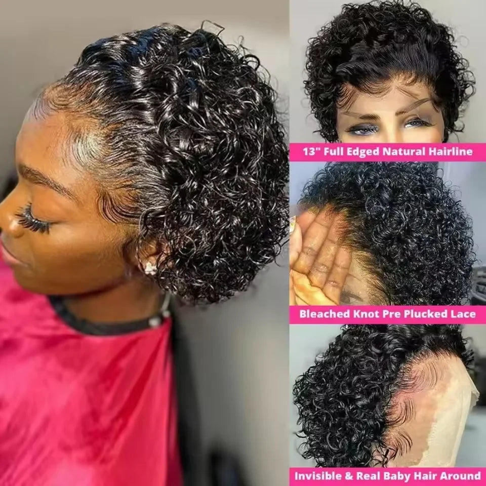 Perruque pixie bouclée avec lace transparente 13x1 de cheveux humains brésilien style water wave