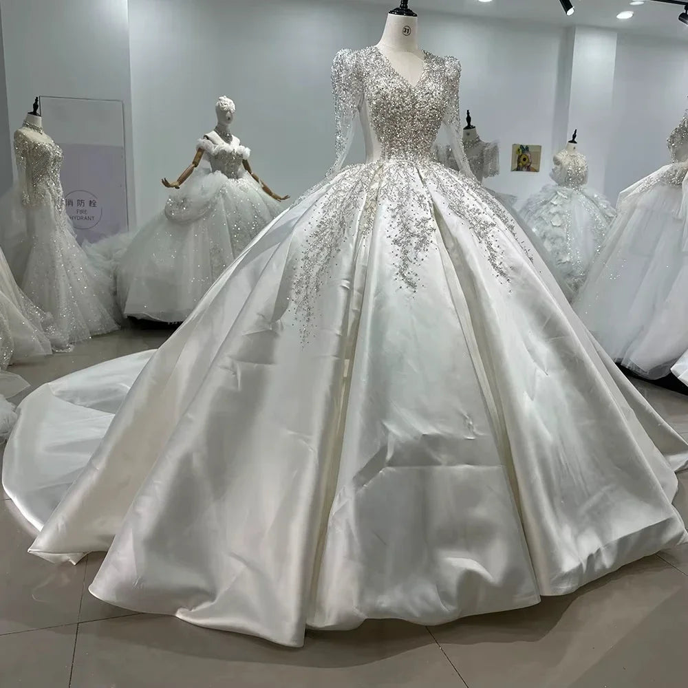 Personnaliser robe de mariée en Satin à manches longues col en v paillettes perles robe de mariée de luxe robes de novia amanda novias officiel