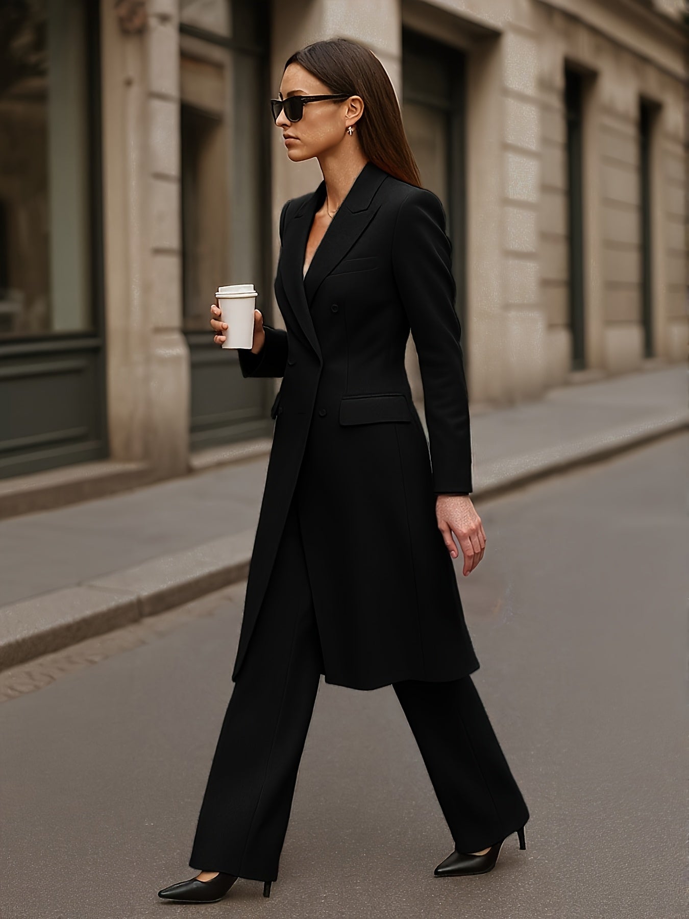 New Trendy Knight Double-Breasted Long Coat and Trousers Set with Pockets