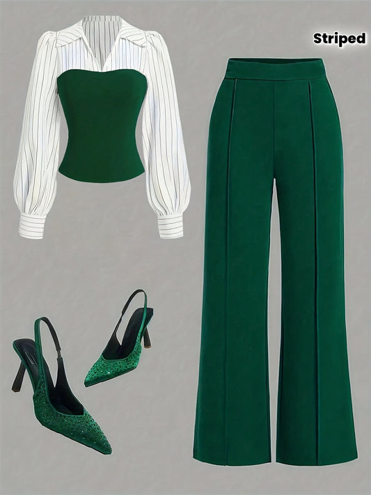 High-Quality Fashionable Elegant Striped Patchwork Shirt and Suit Pants Set, Casual Straight-Leg Loose Trousers Top and Pants Two-Piece Set, Autumn and Winter Women's Commuting and Meeting Outfit