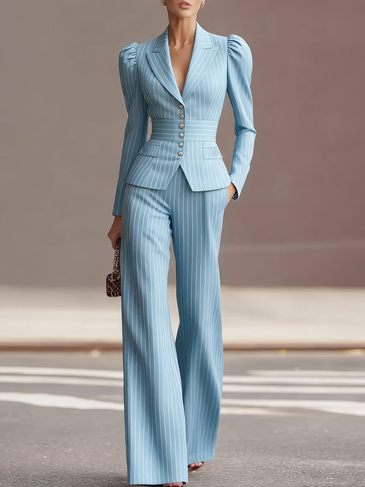 Elegant Light Blue Slim-Fit Striped Suit | Fashionable and Chic for Spring/Fall Season