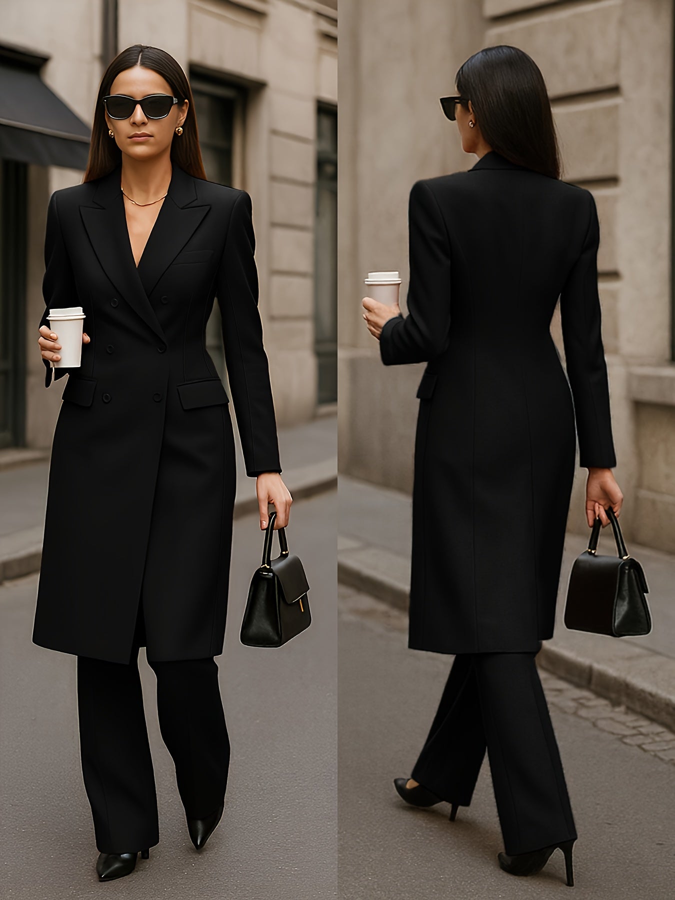New Trendy Knight Double-Breasted Long Coat and Trousers Set with Pockets